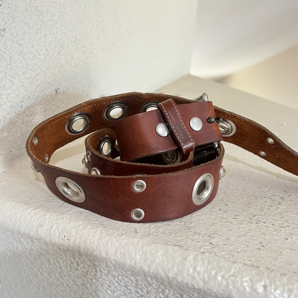Unisex Leather studded cowhide western cowboy brown belt medium festival - Picture 5 of 16